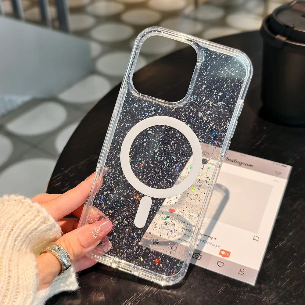 Capa de Celular Luxuosa Super Brilhante para Carregamento Sem Fio MagSafe para iPhone 17 Air 16 15 13 Pro Max 14/13 com Bumper Macio e Glitter