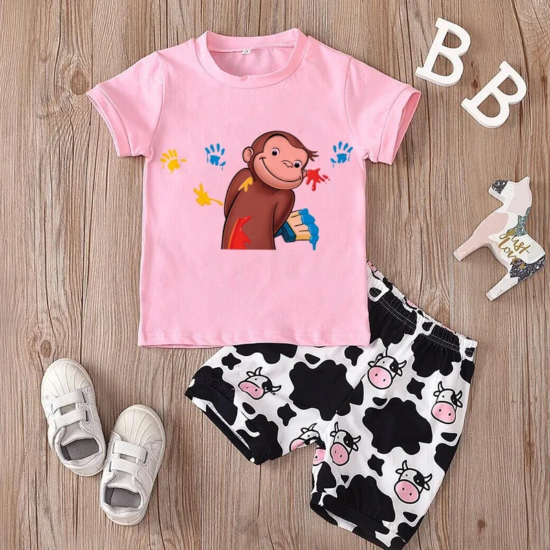 

2024 New Summer Cartoons Baby Boys T Shirt Curious George Cartoon Print Kids T-Shirts Funny Monkey Children Girls Tops Clothes