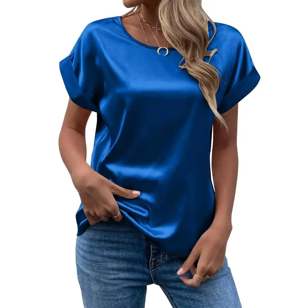 Temperamental Satin Women Shirts and Blouses Lady Trend 2024 Straight Women\'s Traff Woman 2024 T-shirt Pullover Crew Neck Kadın