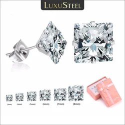 LUXUSTEEL 6Pairs/Box Square Shape CZ Crystal Stud Earrings Sets For Women Men Silver Color Stainless Steel Fashion Jewelry 3-8mm