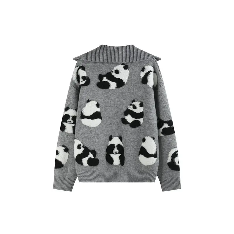 Hikigawa Autumn Women Cartoon Panda Jacquard Sweaters Casual All Match TUrn Down Collar Pockets Knitted Pullovers Tops Mujer