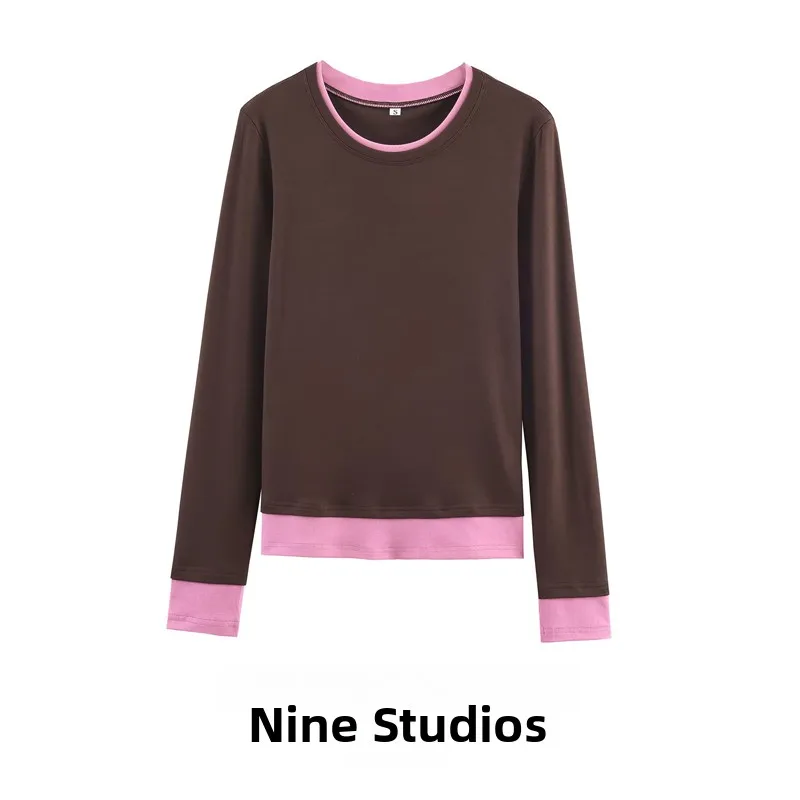 Lässiges Long Sve Round Ne Overhead T-Shirt Double Layer Color Blo Damen Faion European Sle Baumwoll-Polyester-Mischung