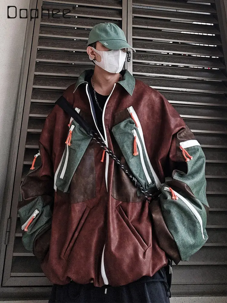 

Spring and Autumn Hip-Hop American Style Loose High Street Men's Multi-Pocket Brown Turn-Down Collar Patchwork PU Leather Jacket