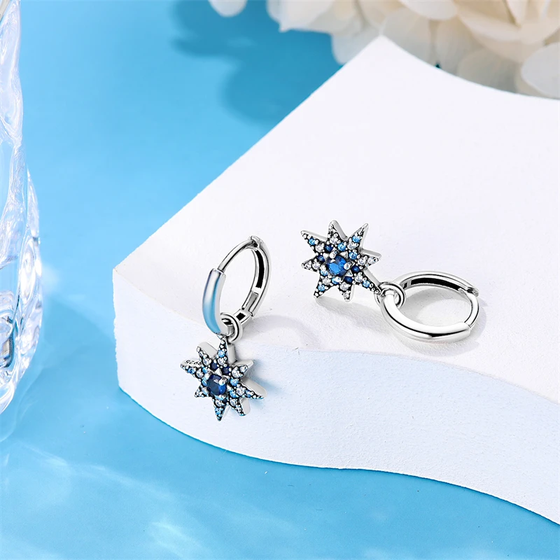Hot Sales 925 Sterling Silver Blue Star Moon Hexagram Hoop Earrings For Women Fine Birthday Anniversary Jewelry Gifts