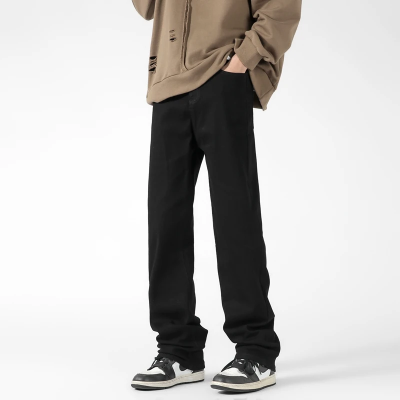2025 الكورية الخريف جينز بسيط الرجال بلون جميع الأسود عادية السراويل الفضفاضة مستقيم واسعة الساق سراويل جينز الذكور طويلة #3