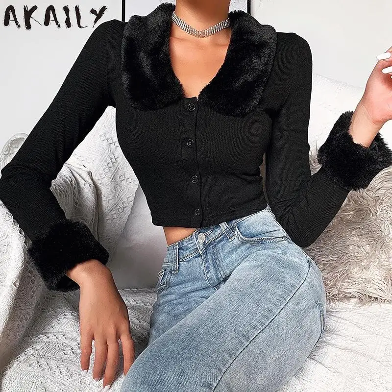 

Akaily Black Plush Lapel Botton Cardigan Sweater Party Club Outfits For Women 2023 Autumn Winter Long Sleeve Slim Knitted Coat