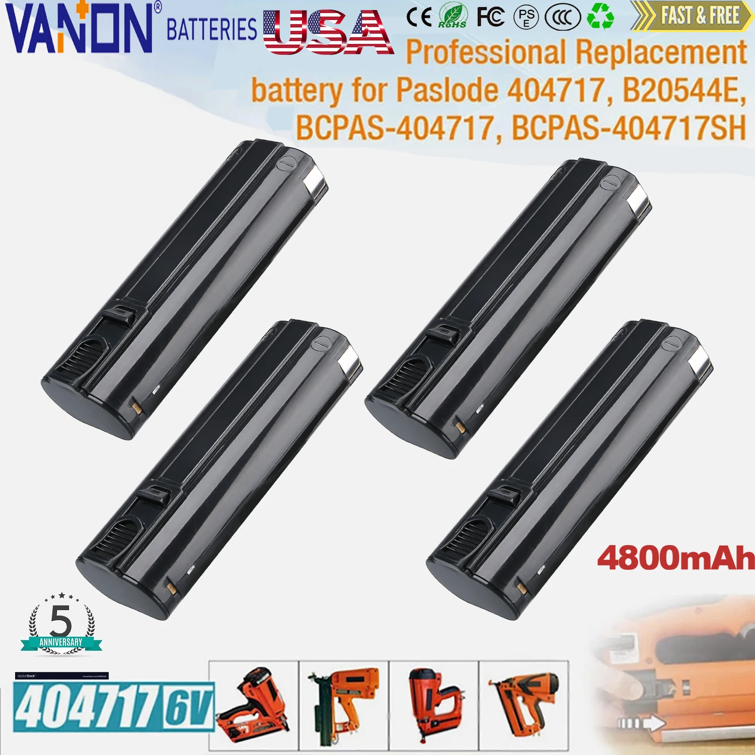 

Модернизированный Ni-MH аккумулятор VANON 1/2/4 шт., 4,8 Ач, 6 В, замена штифта аккумулятора Paslode 404717 BCPAS-404717 404400 900400 CF-325 IM200