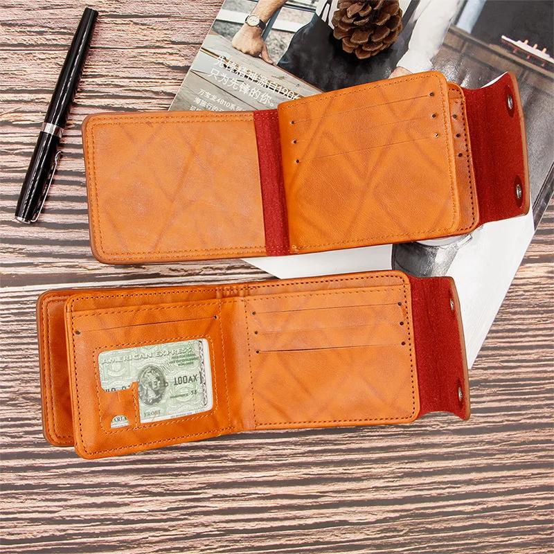 2023 Men\'s Short Wallet Pressure Change Magnetic Buckle Wallet Double Line Foldable PU Leather Wallet Hundred Dollar Bill Wallet