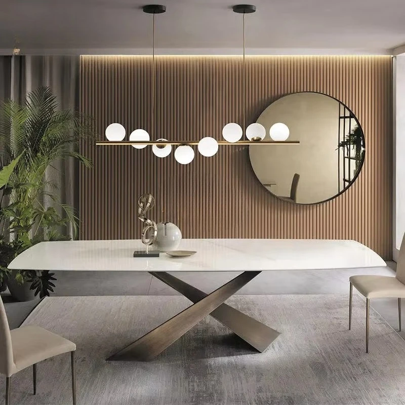 Rectangular Dinning Table Modern Luxury Metal Brass Leg Dining Table White Sintered Stone Dining Table