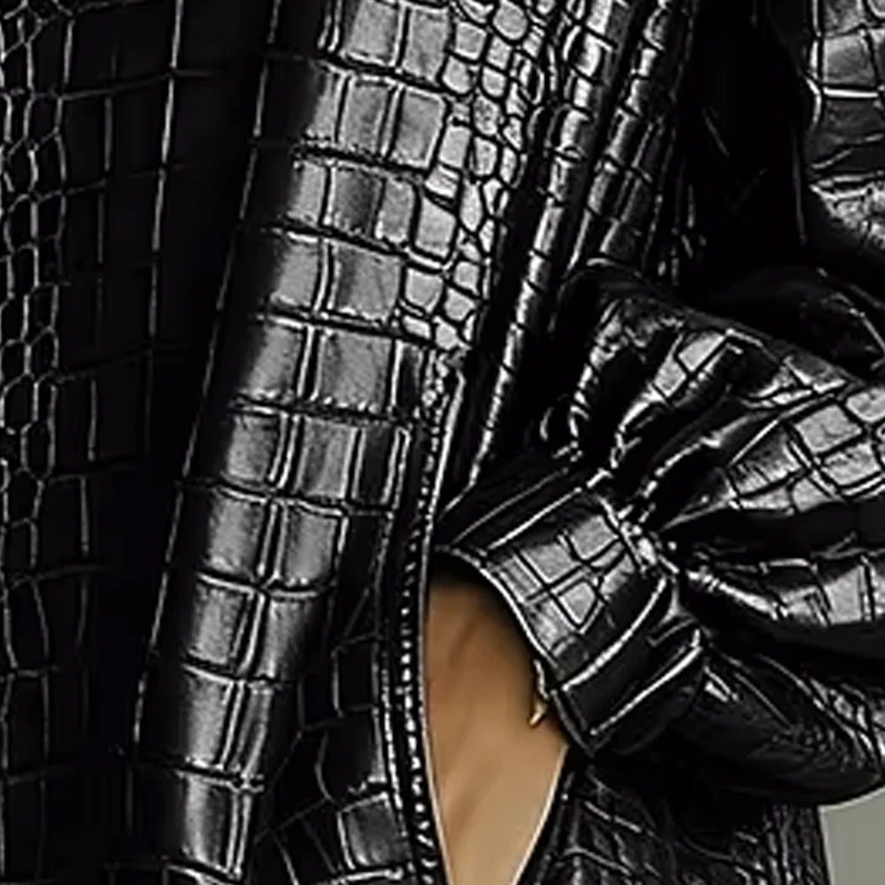 

Women's PU Leather Fringe Hem Mini Dress High Collar Lantern Sleeve Tassel Crocodile Print High Street Party Dress for Women