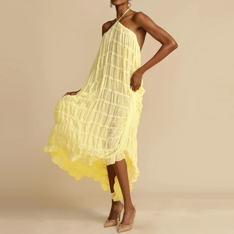 

Summer Holiday New Swing Dresses Chic Sleeveless Off Shoulder Halter Evening Dress Elegant Solid Color Loose Pleated Long Dress