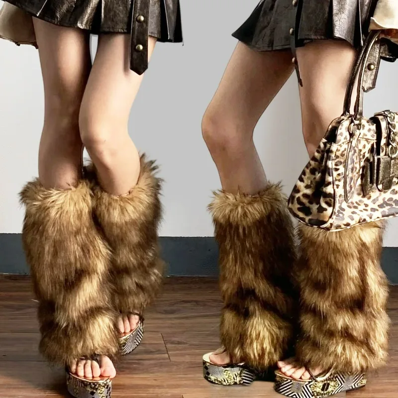 

Brown Imitation Faux Fur Leg Warmers Women Y2k Vintage Harajuku Winter Warm Furry Boots Cover Sock Jk Hiphop Cosplay Accessories