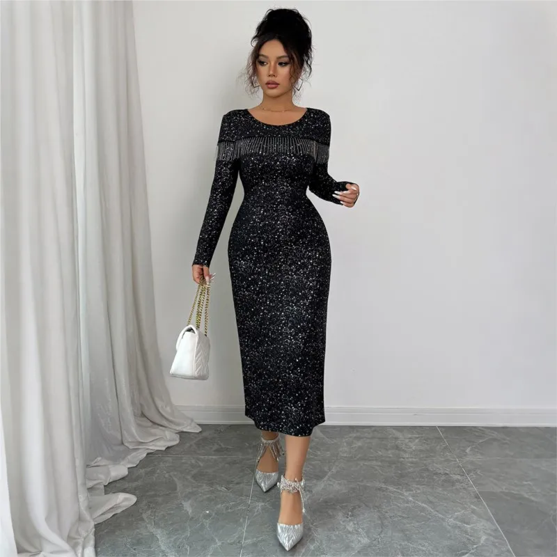 2025 nieuwe herfst winter elegante pailletten ronde hals lange mouw slanke vrouwen zwarte jurk party club avond dame bodycon jurk