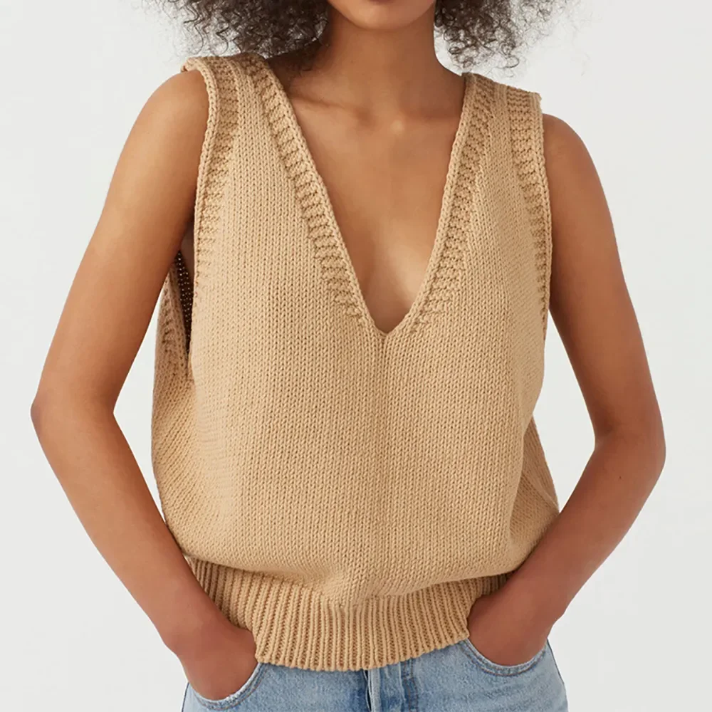 2023 Women Solid Brown Knitted Vest Sleeveless Sweater V Neck Cotton Loose Knitwear Jumper Vest For Women