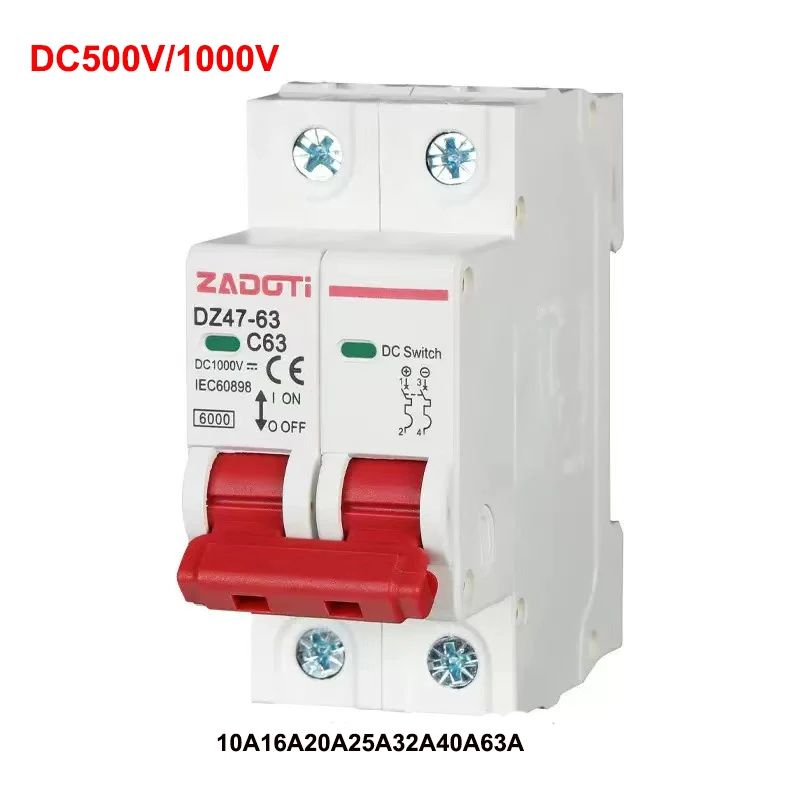 DZ47 2PDC 1000V MCB Photovoltaic Miniature Circuit Breaker 6A 10A 16A 20A 25A 32A 40A 50A 63A Overload Protection Switch