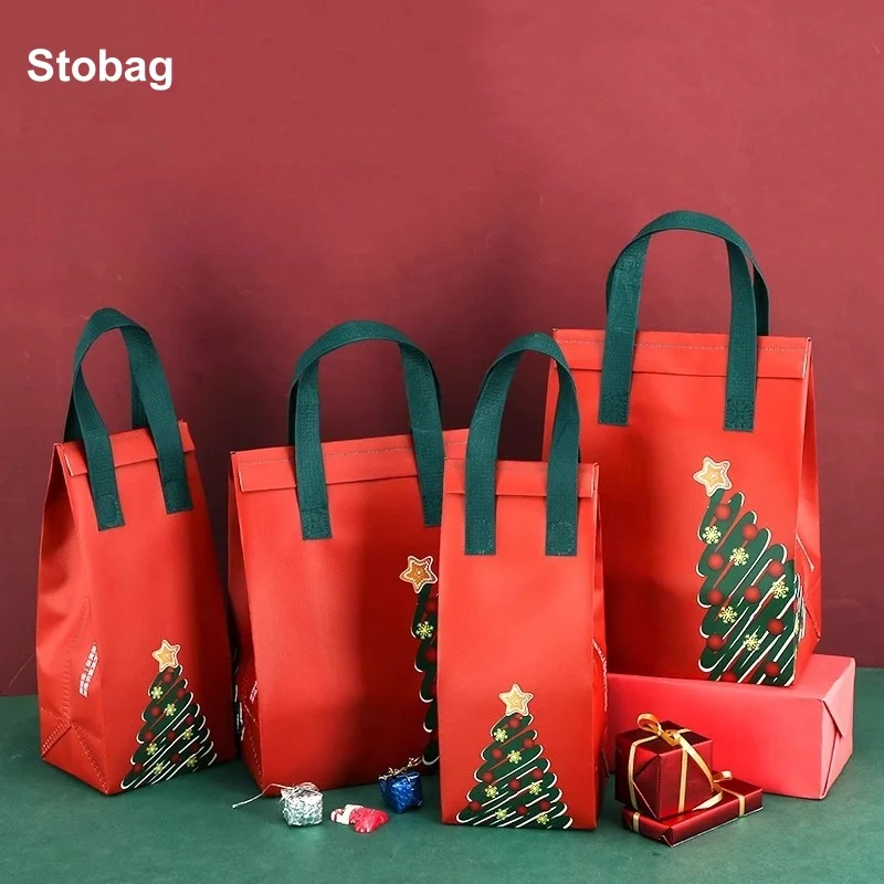 

StoBag 50pcs Merry Christmas Non-woven Insulation Tote Bag Portable Fabric for Food Drinks Package Keep Warm Delivery Pouch