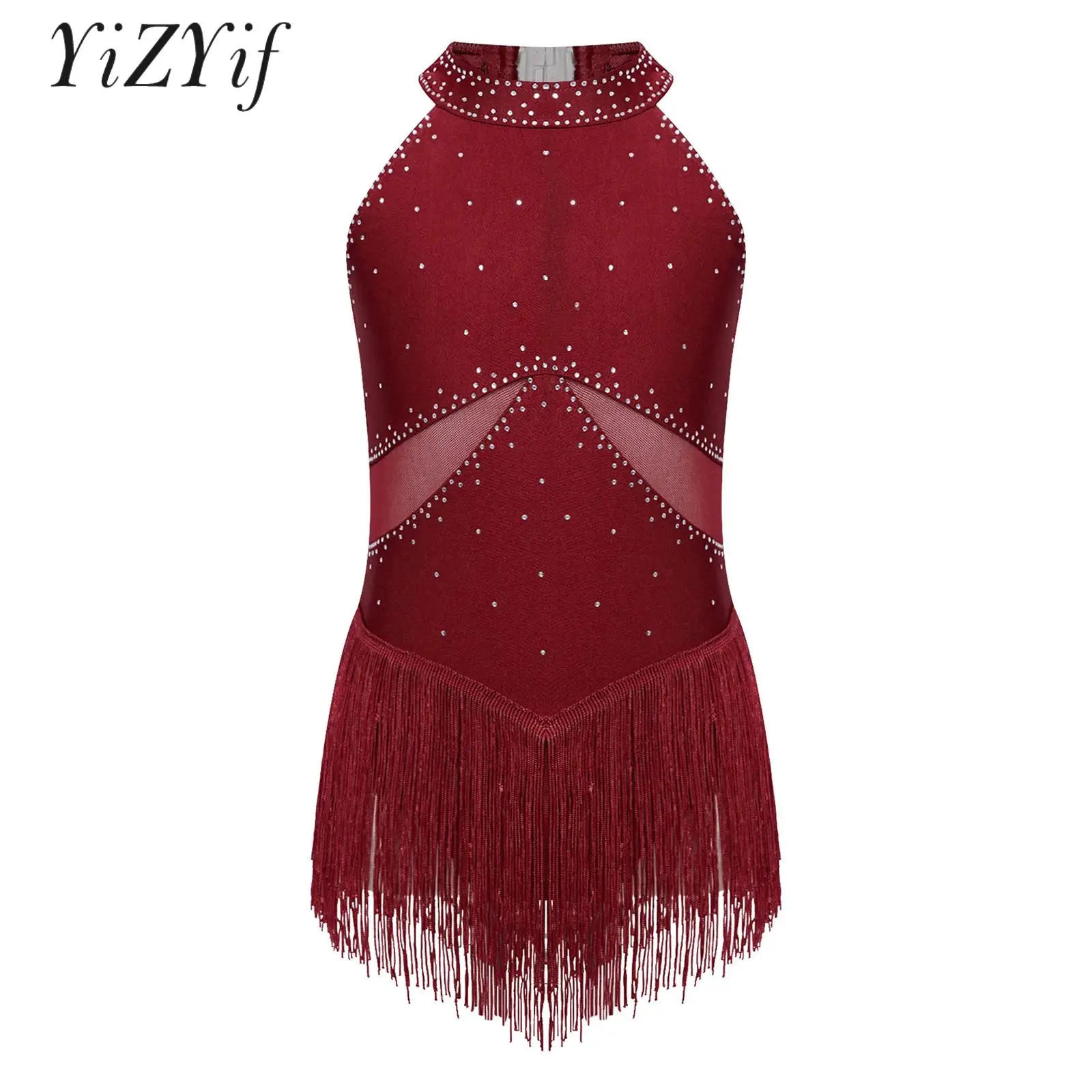 

Girls Shiny Rhinestone Latin Jazz Ballet Dancewear Costume Gymnastics Leotard Tassel Dance Bodysuit Figure Skating Unitard Dress