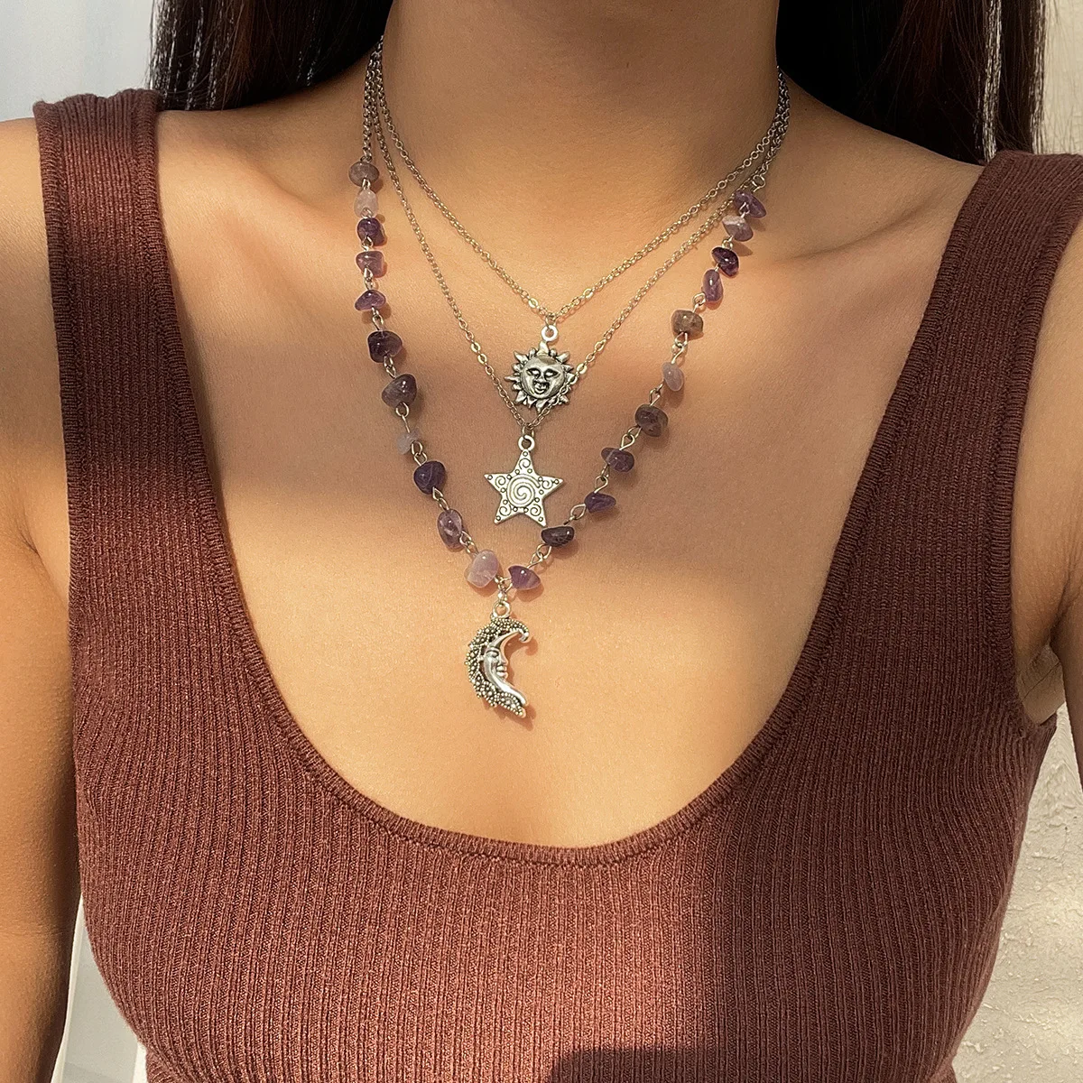 Retro Moon, Sun, Star Pendant Necklace 2024 Women\'s Multi layer Gold Color Metal Colored Stone Weaving Girls\' Fashion Jewelry
