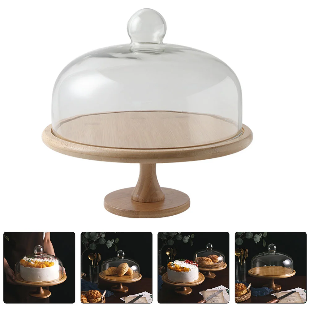 

Cake Display Tray Turntable Pop Dessert Charcuterie Platter Pans Wooden Food with Glass Cover Tall Plate Color