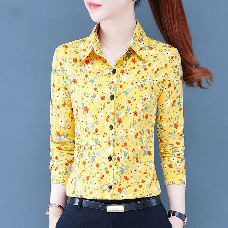 Fashion Printed Lapel All-match Floral Shirt Women's Clothing 2023 Autumn Winter New Oversized Casual Tops Office Lady Blouse