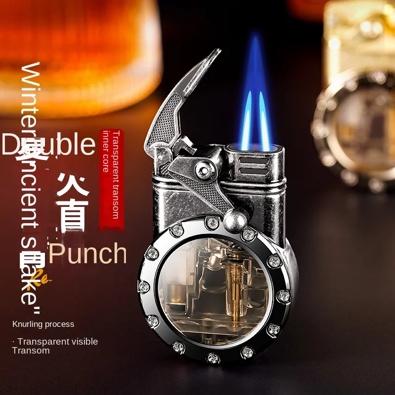 Vintage Transparent Visible Gas Chamber Butane Inflatable Lighter Double Direct-flush Blue Flame Lighters Men's High-grade Gift