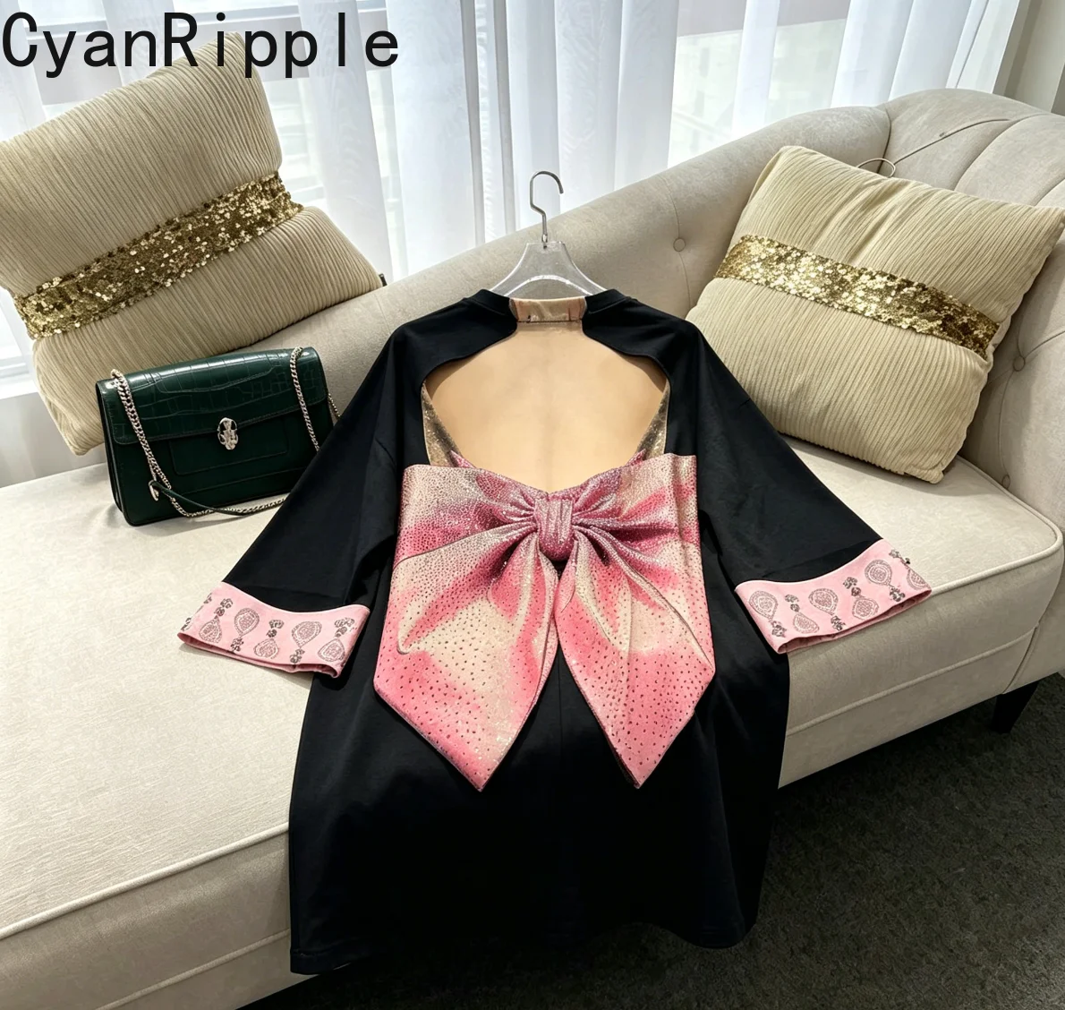 

High Quality New Spring Summer Half Sleeve T-shirt Dress Mid-long Chinese Wind Round Neck Hot Diamonds Bow Women Pullover Top