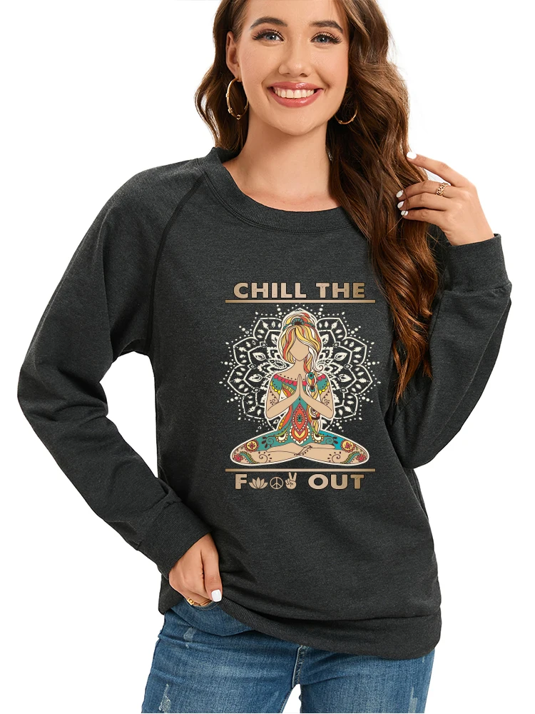 Seeyoushy CHILL THE FUOY OUT Meditation Lotus Print Fun Printed Ladies Top Street 2023 Clothing Y2K Aesthetics Women's Hoodie