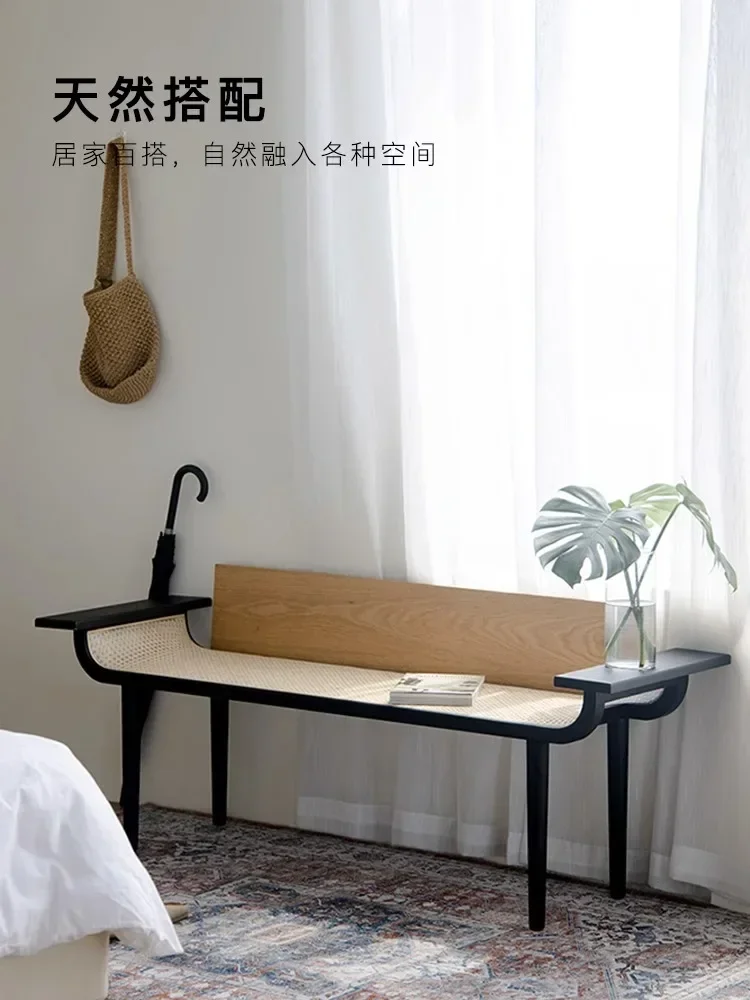 

-French Retro Bench, Small Apartment, Home Door Stool, Solid Wood, Rattan, Creative Integrated Stool, Bedside Stool