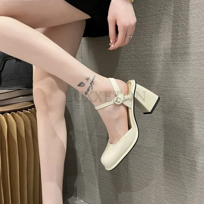 Mary Jane Toe Sandals with Straight Strap and Back Air Thick Heel Sole Retro and Versatile High Heels Cute Sweet Style Lolita