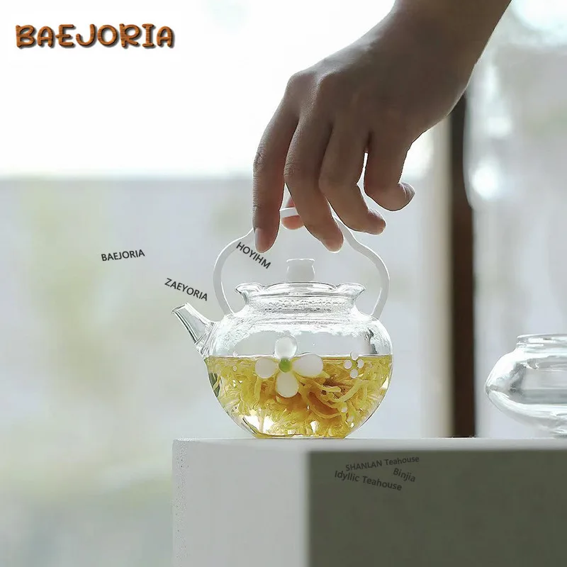 BAEJORIA 290ml Lily Of The Valley Glass Lifting Handle Teapot Ancient Tea Infuser Pot Tea Maker Kettle With Filter Gift Craft