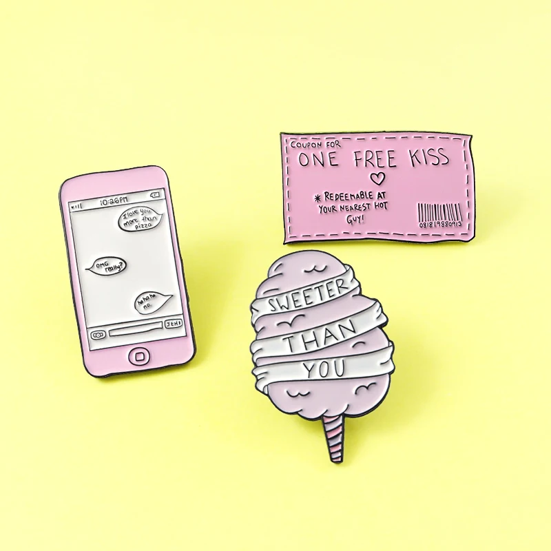 

ONE FREE KISS Ticket,SWEETER THAN YOU Cotton Candy Funny SMS Enamel pins Brooches Badges Pink Pin for Couple Jewelry Broche