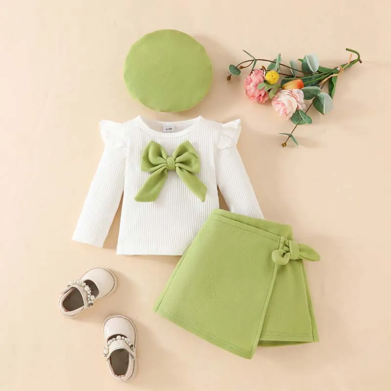 Autumn Toddler Baby Girl Clothes Fashion 3Pcs Set Pure Color Long Sleeve T Shirt Matcha Green Skirt and Hat Outfits 1-3Years Old