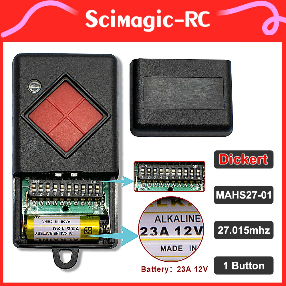 Imagem -02 - Garagem de Controle Remoto com Botão Vermelho Transmissor de Mão Compatível com Dickert Mahs2701 Mahs27-04 27.015 Mhz 100