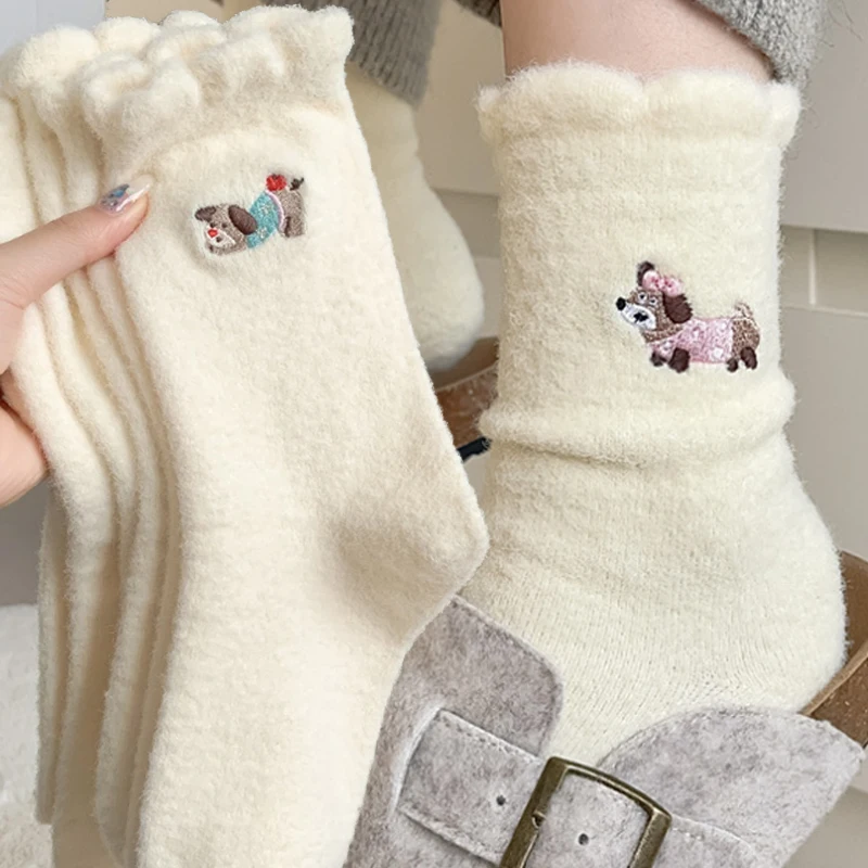 

Dog Cartoon Print Thermal Socks Women Winter Warm Mink Fleece Soft Comfortable Cozy Plush Socks Kawaii Sleep Floor Mid Tube Sock