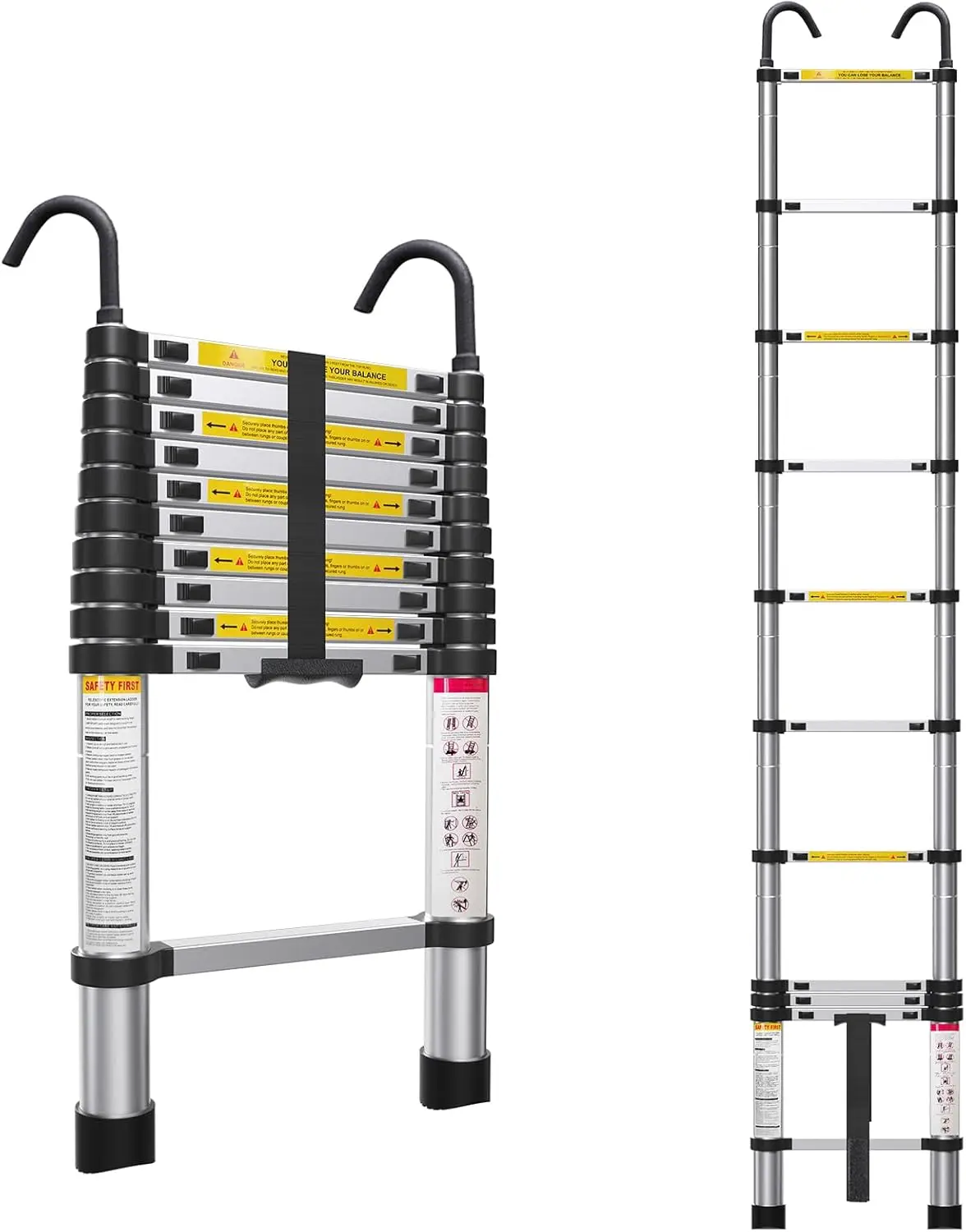 

10.5ft Telescoping Ladder, Collapsible with Hook for Home, RV, Attic Use, Aluminum Alloy, 330 lbs Capacity