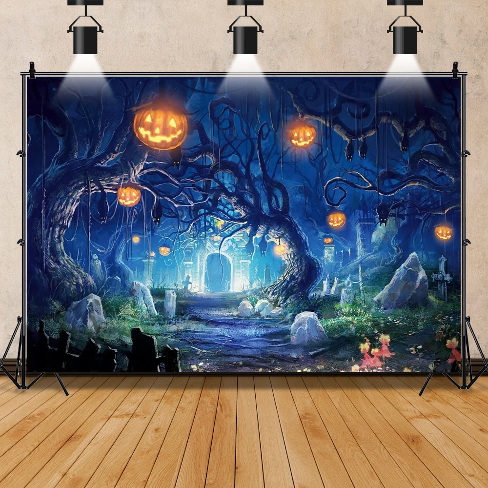 Laeacco Halloween Backdrops Photography Castle Moon Tomb Pumpkin Lights Witch Party Horror Night Theme Background Photo Studio