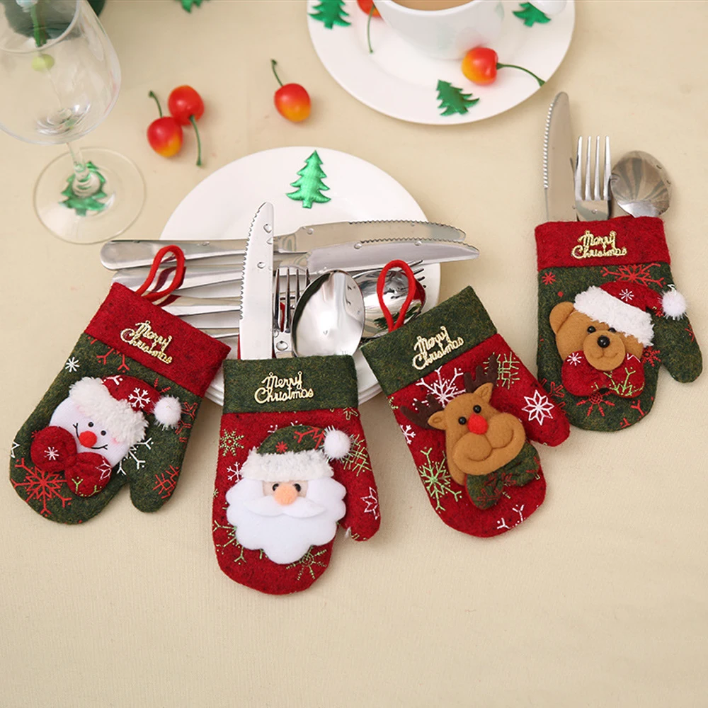 

4PCS Christmas Silverware Holder Pockets Retro Glove Shaped Cutlery Holder Bag Candy Gift Pouch for Xmas Dinner Table Decoration