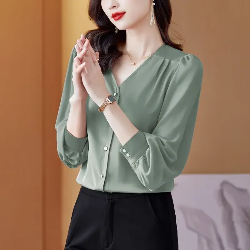 Neue Sommer elegante Mode einfarbig Retro koreanischen Stil Damen hemd ästhetische lose Büro Dame V-Ausschnitt 3/4 Ärmel Tops B671