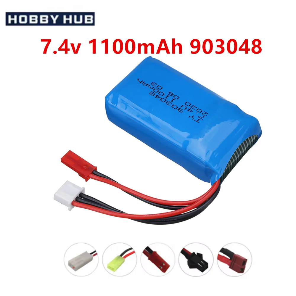 7.4V 1100mAH Lipo Battery For Remote control helicopters cars boats trains toy accessory 7.4 V 903048 battery With SM/JST/T Plug