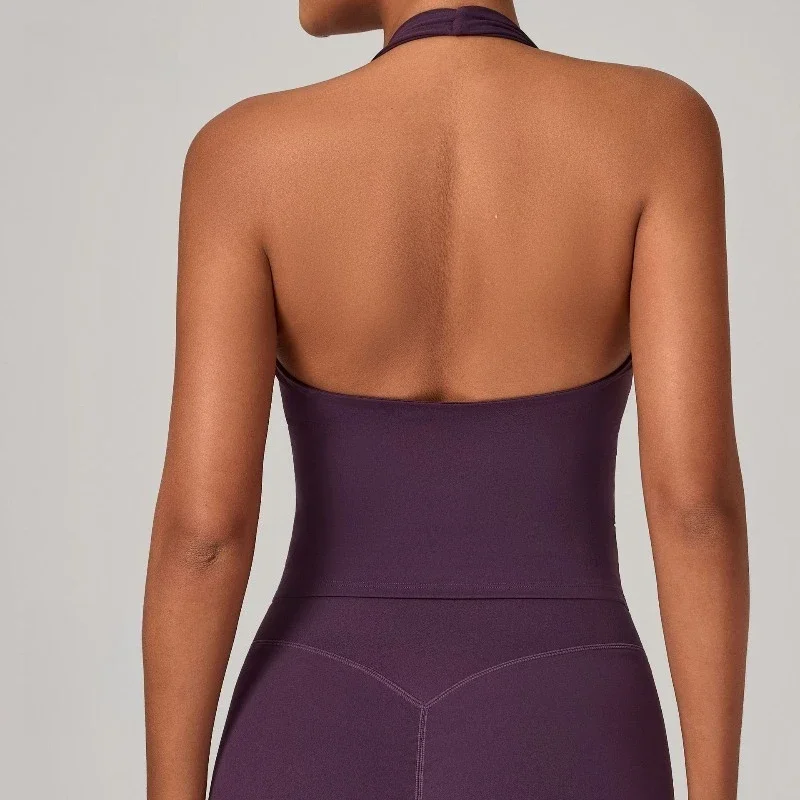 Seamless Gym Workout Pleated V-Neck Halter Yoga Tank Top Tight-Fitting Open Back Sports Top Outdoor Running Fitness Sports Bra image 2