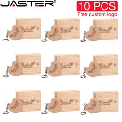 JASTER 10PCS/LOT Wooden Heart USB 2.0 Flash Drives 128GB  Free custom logo key chain Pen drive 64GB 32GB Business gift USB stick