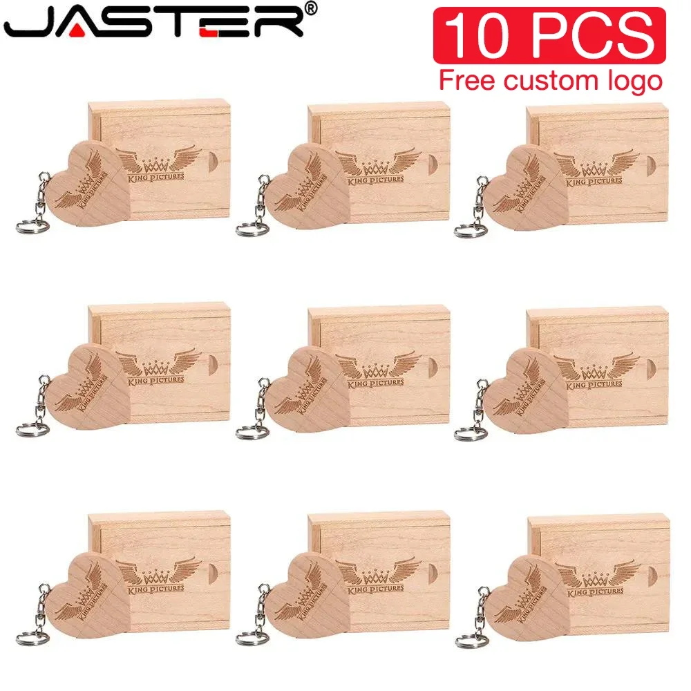 JASTER 10PCS/LOT Wooden Heart USB 2.0 Flash Drives 128GB  Free custom logo key chain Pen drive 64GB 32GB Business gift USB stick