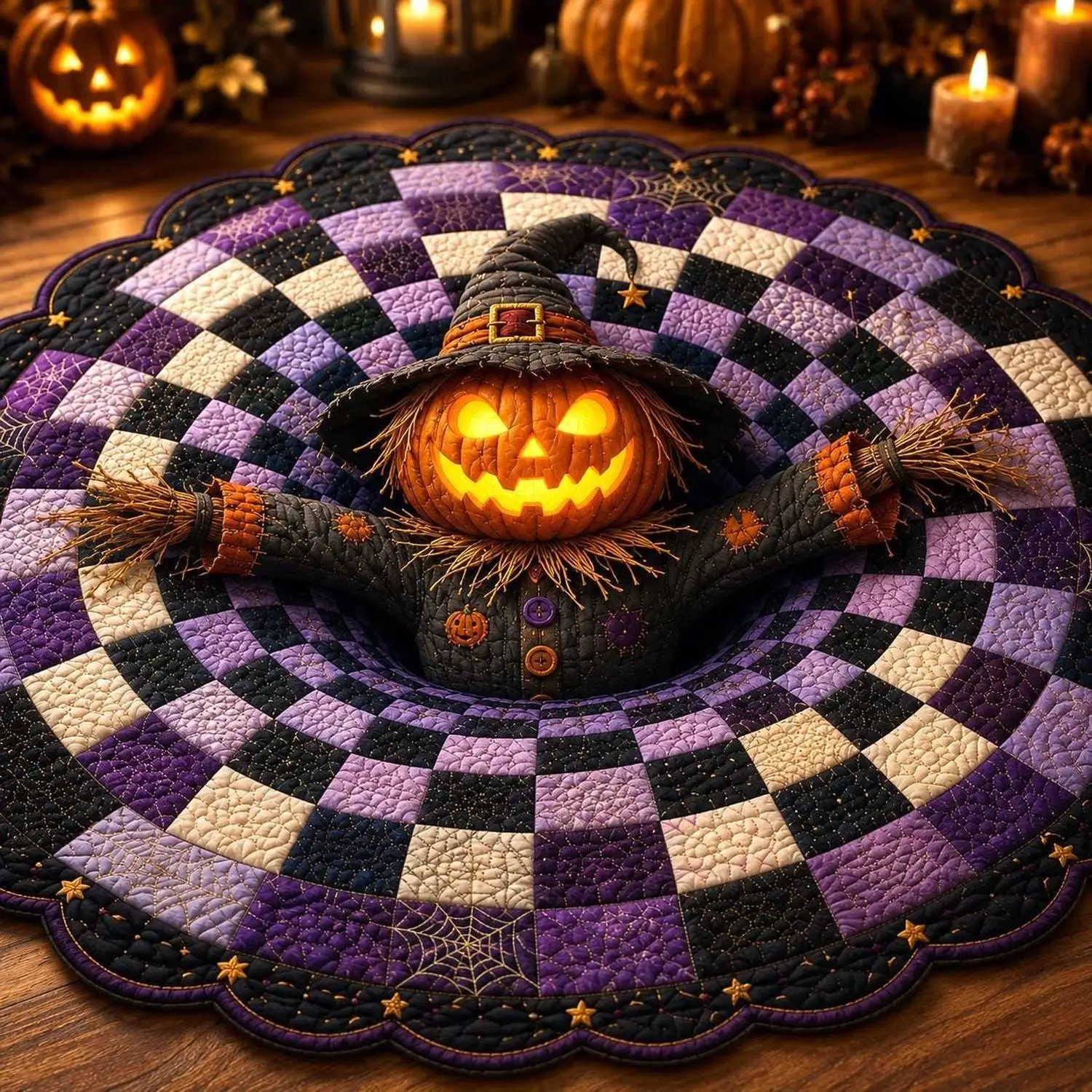 【Room Decoration Carpet】3D Pumpkin Scarecrow Halloween Carpet, Round Horror Area Rug, Purple-Black Optical Illusion Floor Mat, Haunted House Decoration