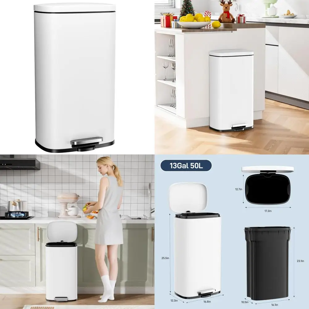 

Stainless Steel Soft-Close Trash Can, 13.2 Gallon Capacity, Removable Plastic Inner Bucket, Finger-Print Resistant