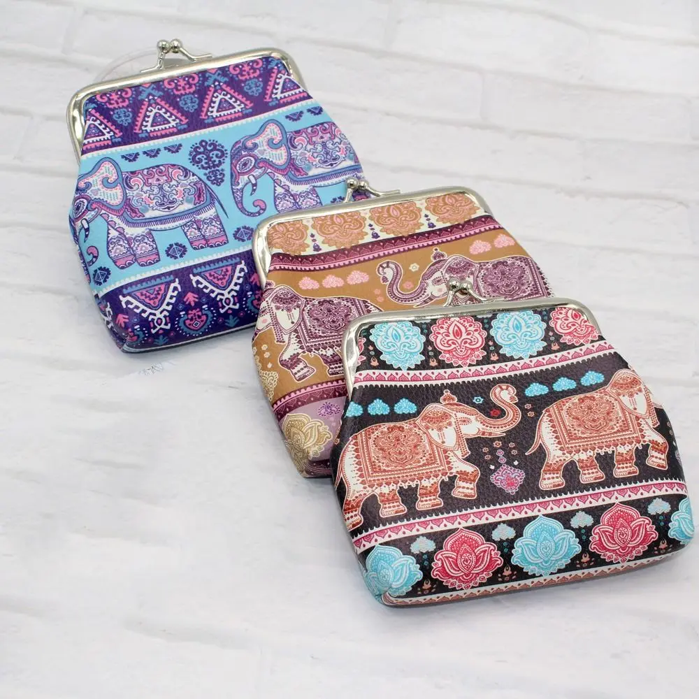 Cute Cartoon Elephant Women Mini Wallet Ethnic Style Clutch Money Bag Coin Bag PU Leather Hasp Change Pouch Mini Coin Purses