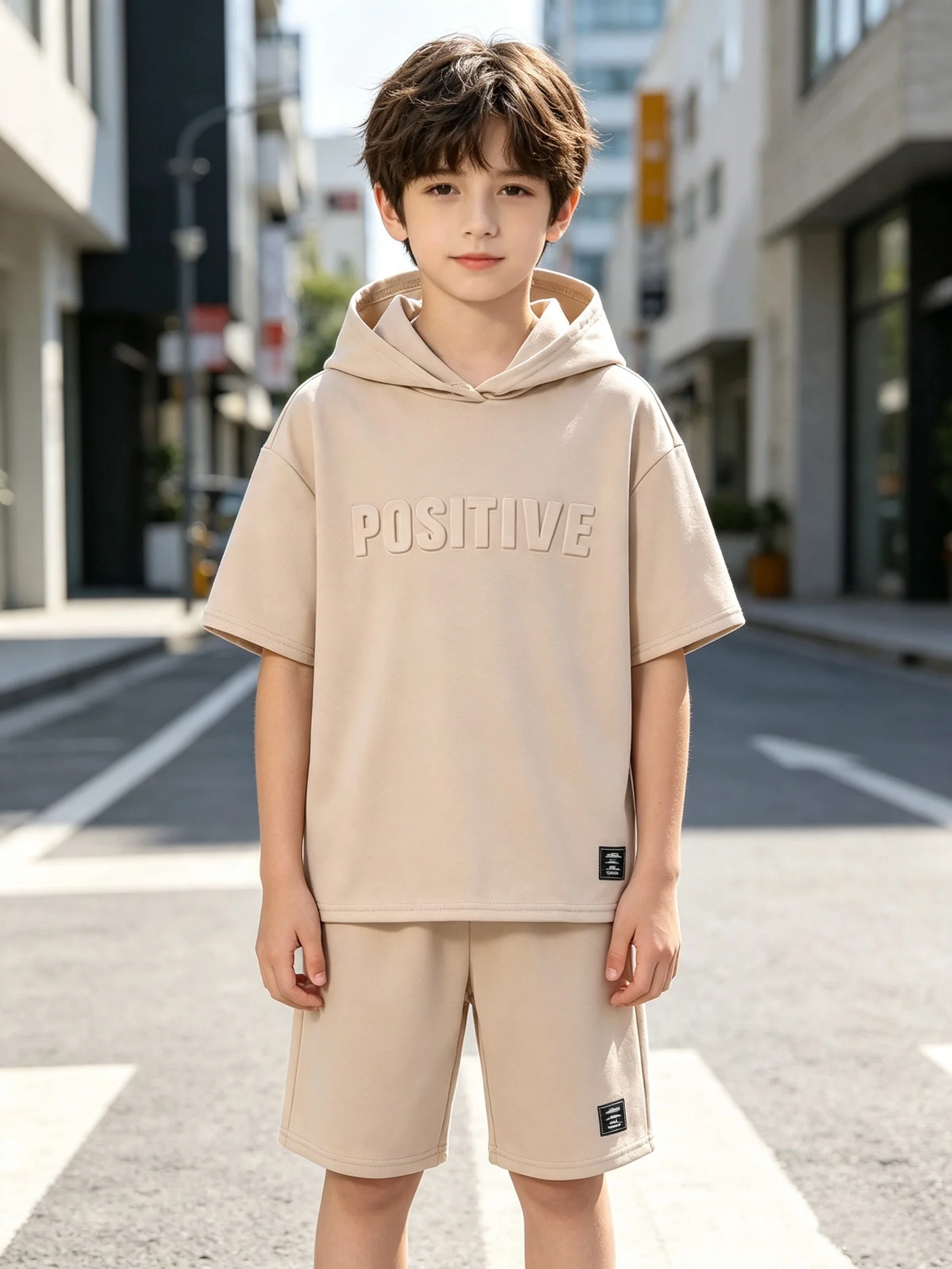 2 Piece Summer Outfit For American Street Boys Solid Color Steel Seal Letter Hooded Short Sleeved Shorts Trendy And Cool Outfit