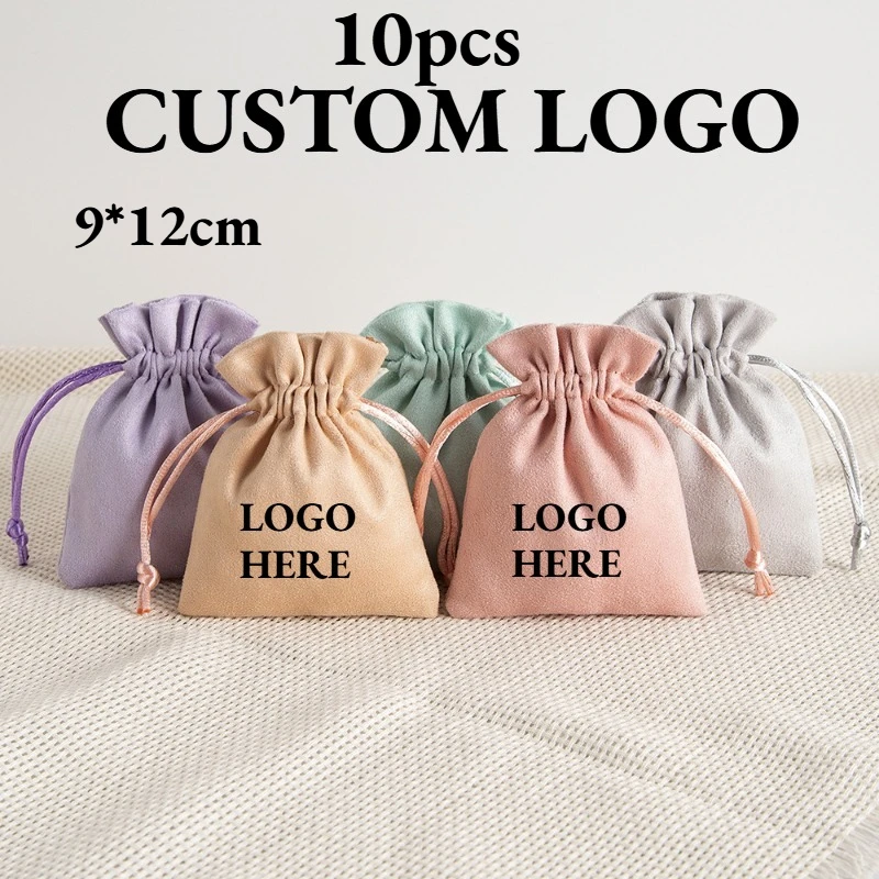 10pcs Customized Printed Logo Solid Color Flannel Jewelry Bunch Velvet Birthday Party Gift Drawstring Storage Bag Candy Bags