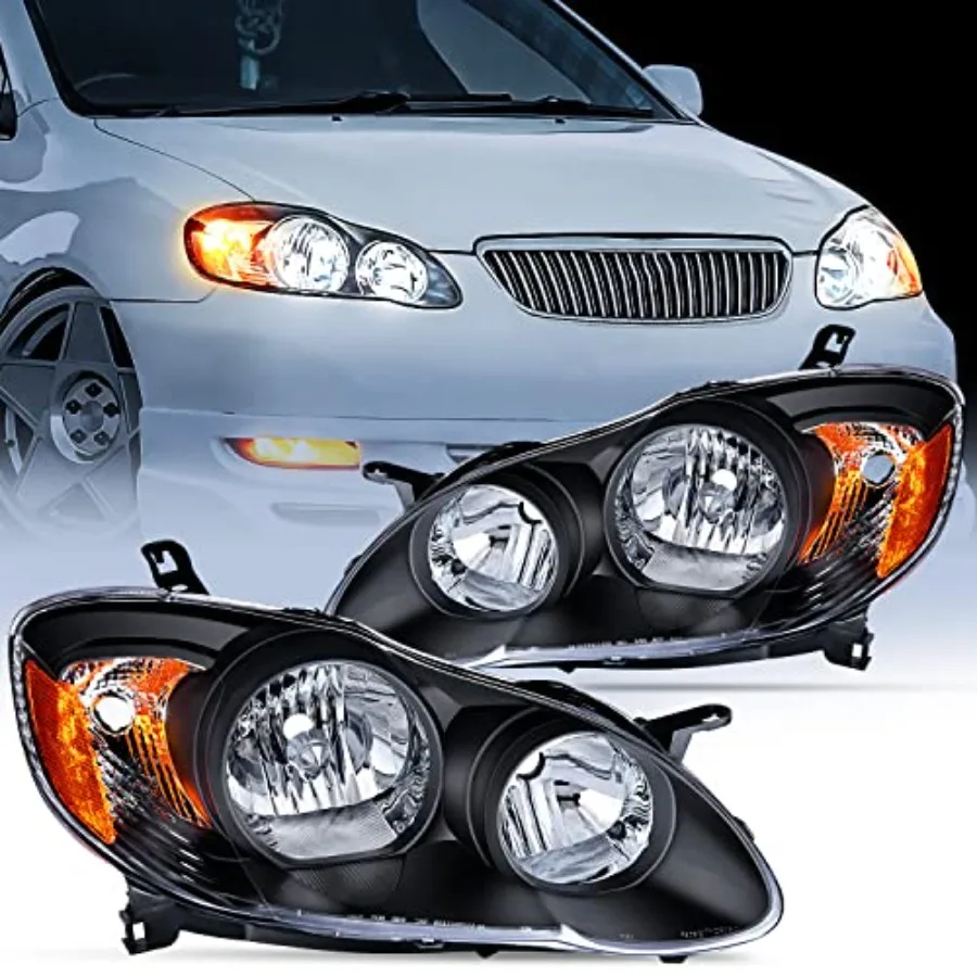 

Headlight Assembly for 2003 2004 2005 2006 2007 2008 Toyota Corolla Headlamps Replacement Black Housing Amber Reflector Driver