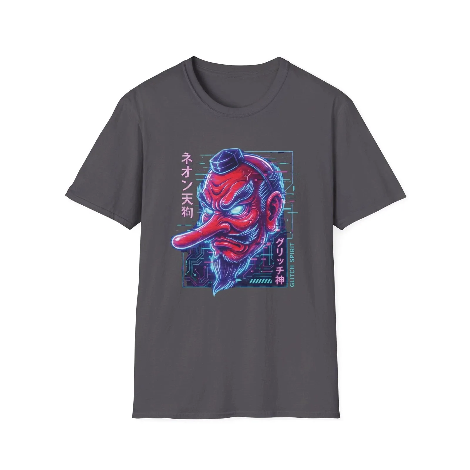 Neon Tengu Mens T-Shirt Cyberpunk Japanese Streetwear Yokai Demon Graphic Tee