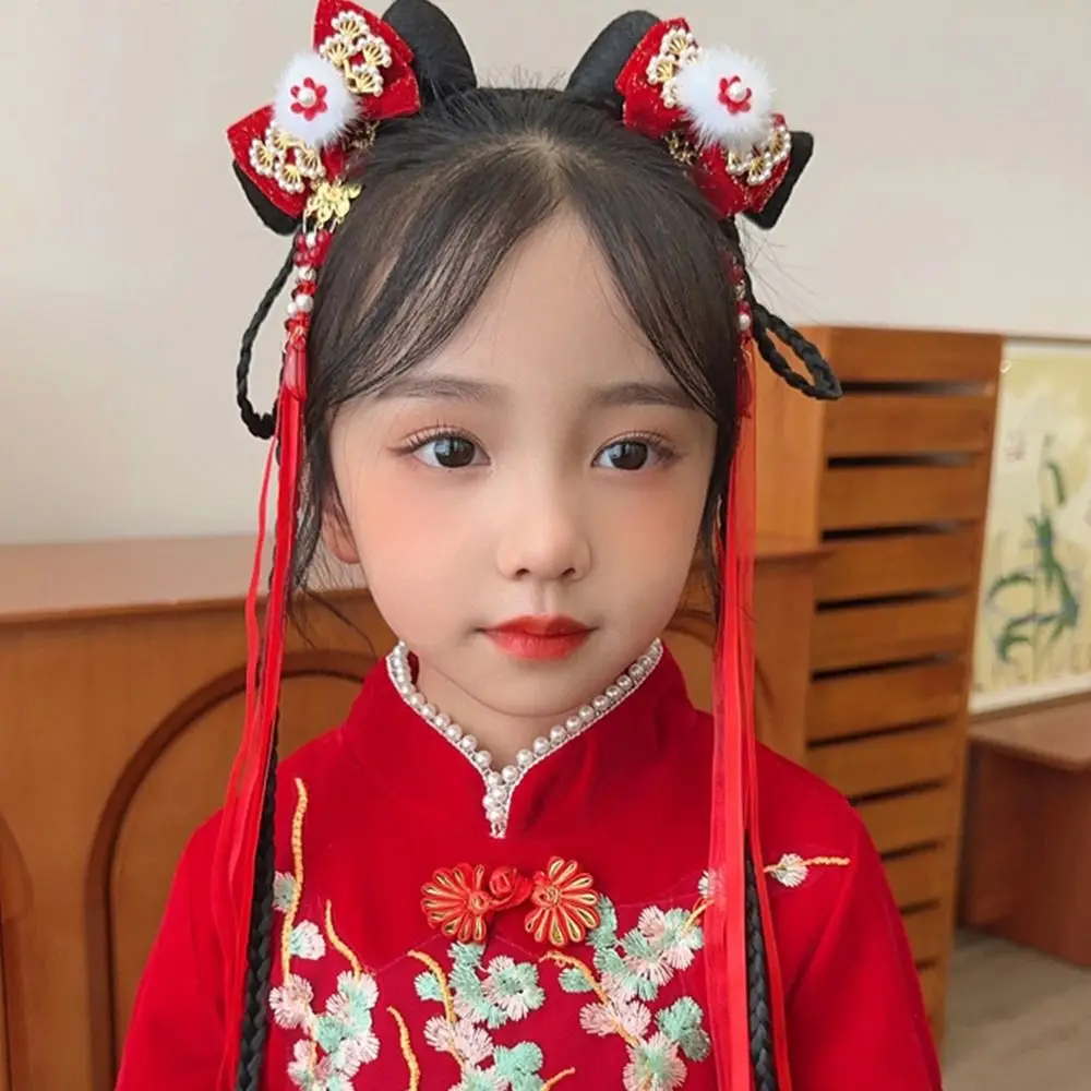 Ribbon Red Bow Hair Clip Fringe New Year Plush Ball Hairpin Hair Accessories Tang Suit Hair Clip Princess Forehead Chain